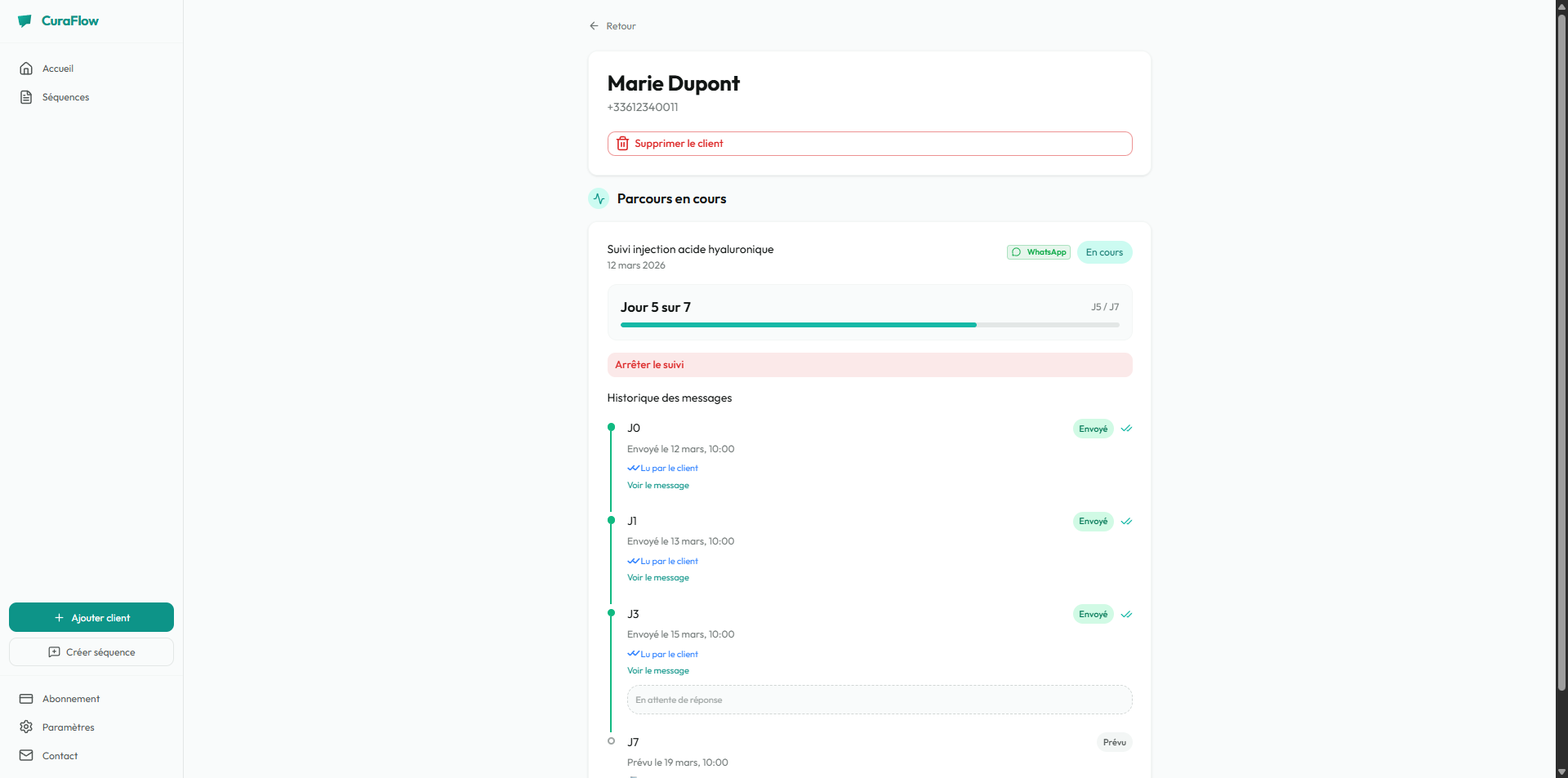 Detail du parcours client avec la timeline des messages