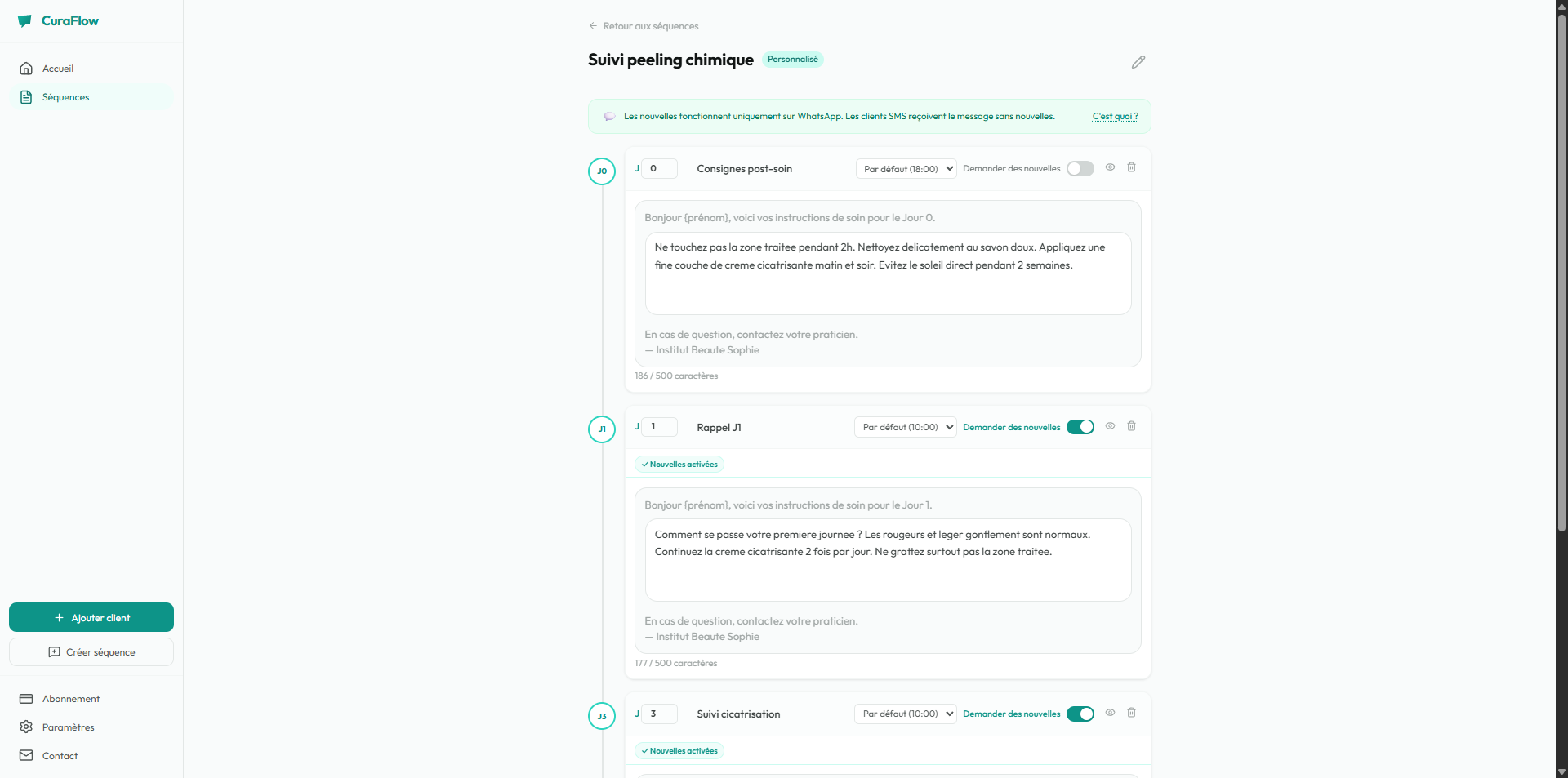 Sequence de messages personnalisee avec 5 etapes de suivi